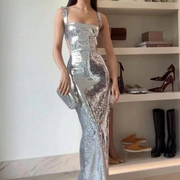 Silver Women's Metallic Sequin Square Neckline Backless Cocktail maxi dress - Picture 2 of 5